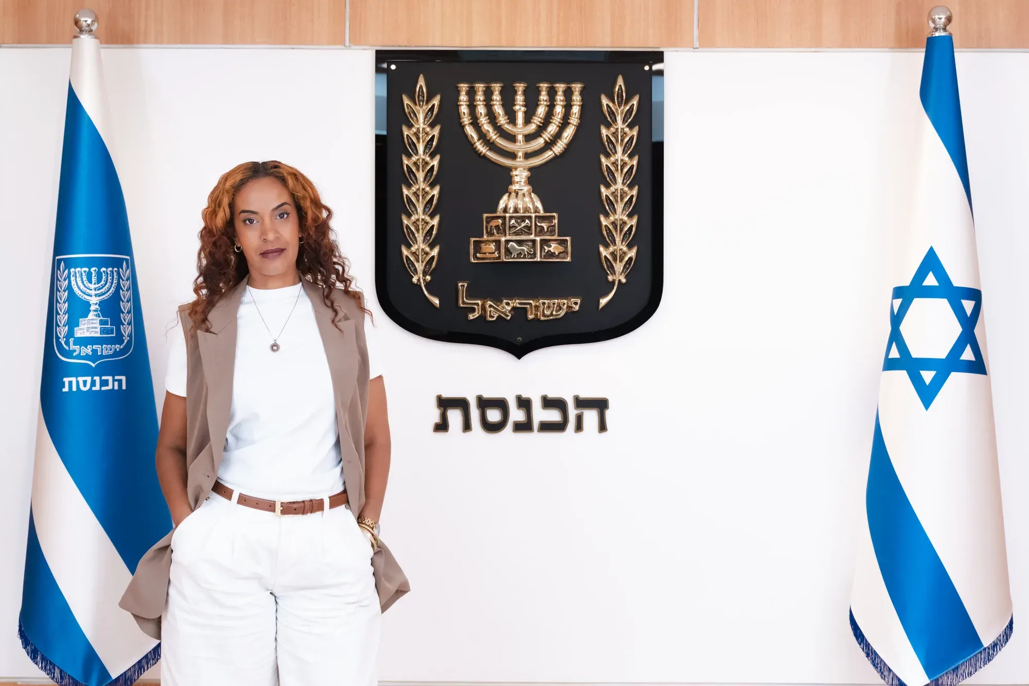 צילום תדמית: אישה בלבוש בהיר עומדת ליד סמל המדינה ודגל ישראל במשכן הכנסת